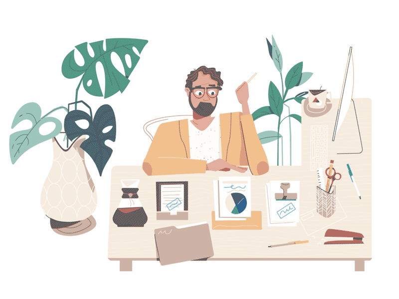 Taking control of your taxes animation beard coffee desk documents folder glasses lifestyle loop mid century monstera monsterra organize paperwork stapler taxes texture