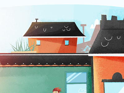 Rodney is here! building chimney clouds house illustration lighting roof rooftop sky window