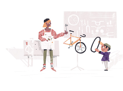 Support bicycle character child children help helper helping illustration indie interaction shop woman