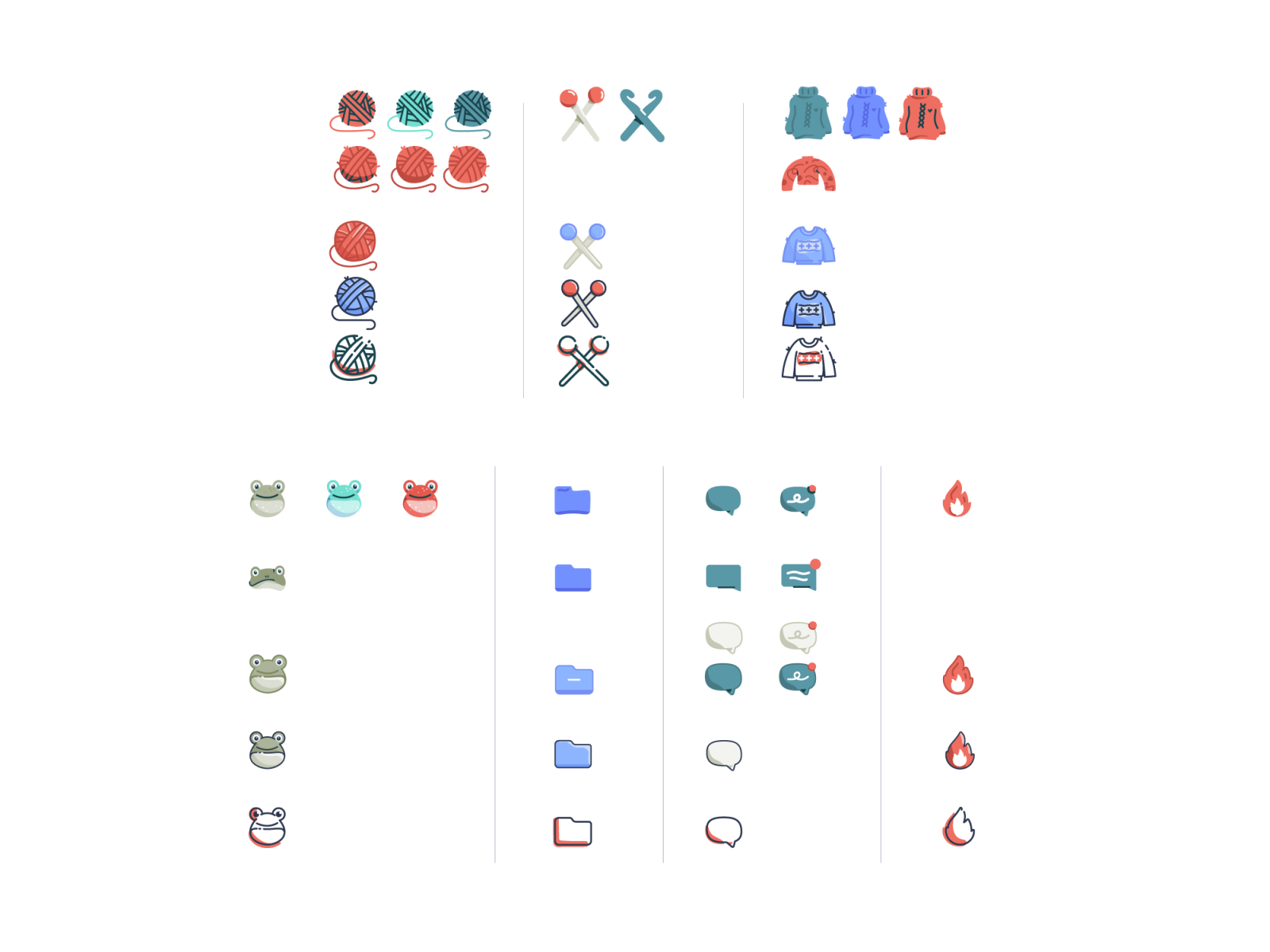 Ravelry style development chat craft development emoji fire flame frog hooks icon icon set illustration knitting message style sweater wip yarn