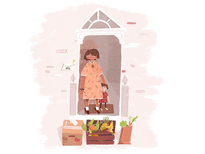 Grocery Delivery character door family flat grocery illustration market mother new york produce texture vegetables