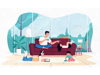 Family Time apartment character children clouds couch cozy family family portrait father home house illustration ipad kids plants relax relaxing
