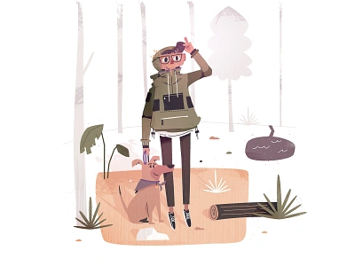 me and p camp camper camping character dog explore fall foliage forest hike hiker illustration jacket log nature outdoors river scene wander woods