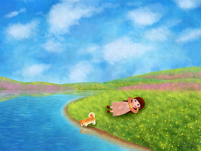 Lakeside in spring day akita blue dog girl grass green illustration sky spring