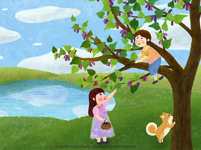 Illustration for Children boy children children illustrations dog drawing girl illustration lake mulberry spring true