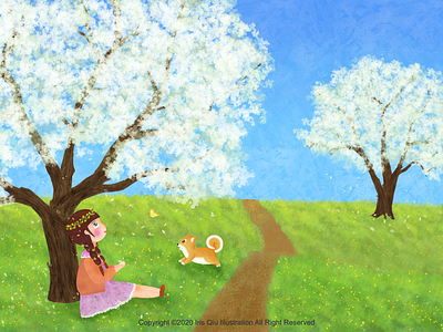 Illustration for children beautiful girl blue sky childrens book dog flowers girl green land illustration pear blossom picture book spring tree