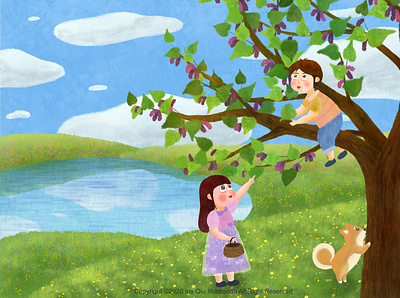 Illustration for children boy bule sky children illustration childrens book dog flower illustration girl illustration lake mulberry mulberry tree spring
