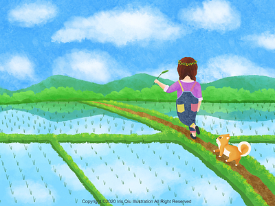 Illustration for children children dog field girl illustration picture book rice fields spring
