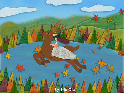 Riding a deer in autumn—Paper-cut style illustration autumn deer illustration lake paper cut style