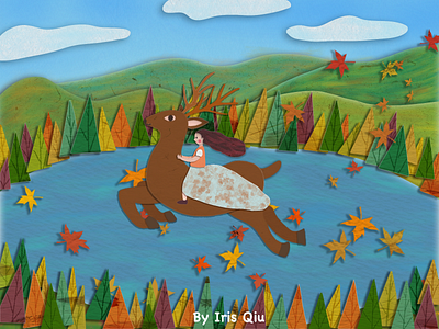 Riding a deer in autumn—Paper-cut style illustration