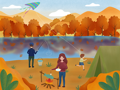 Family camping autumn camping design illustration