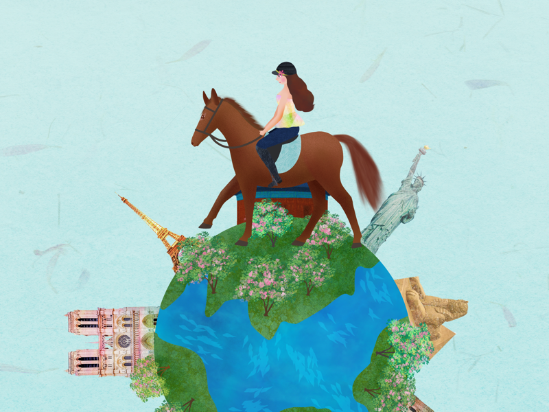 Travel round the world horse earth travel illustration