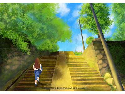 Summer sunshine design girl illustration scenery scenery illustration stone step summer sunshine tree