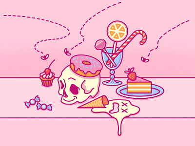 The Candy Vanitas 2020 2d cake candy coping skills cute diet donut flat ice cream icon illustration lollipop memento mori muffin pink procreate skull stay safe still life