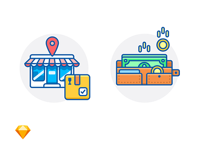 PICK UP POINT & MONEY RETURN box cash delivery dollar e commerce fragile free freebie icon illustration package payment pin shop sketch store storefront wallet