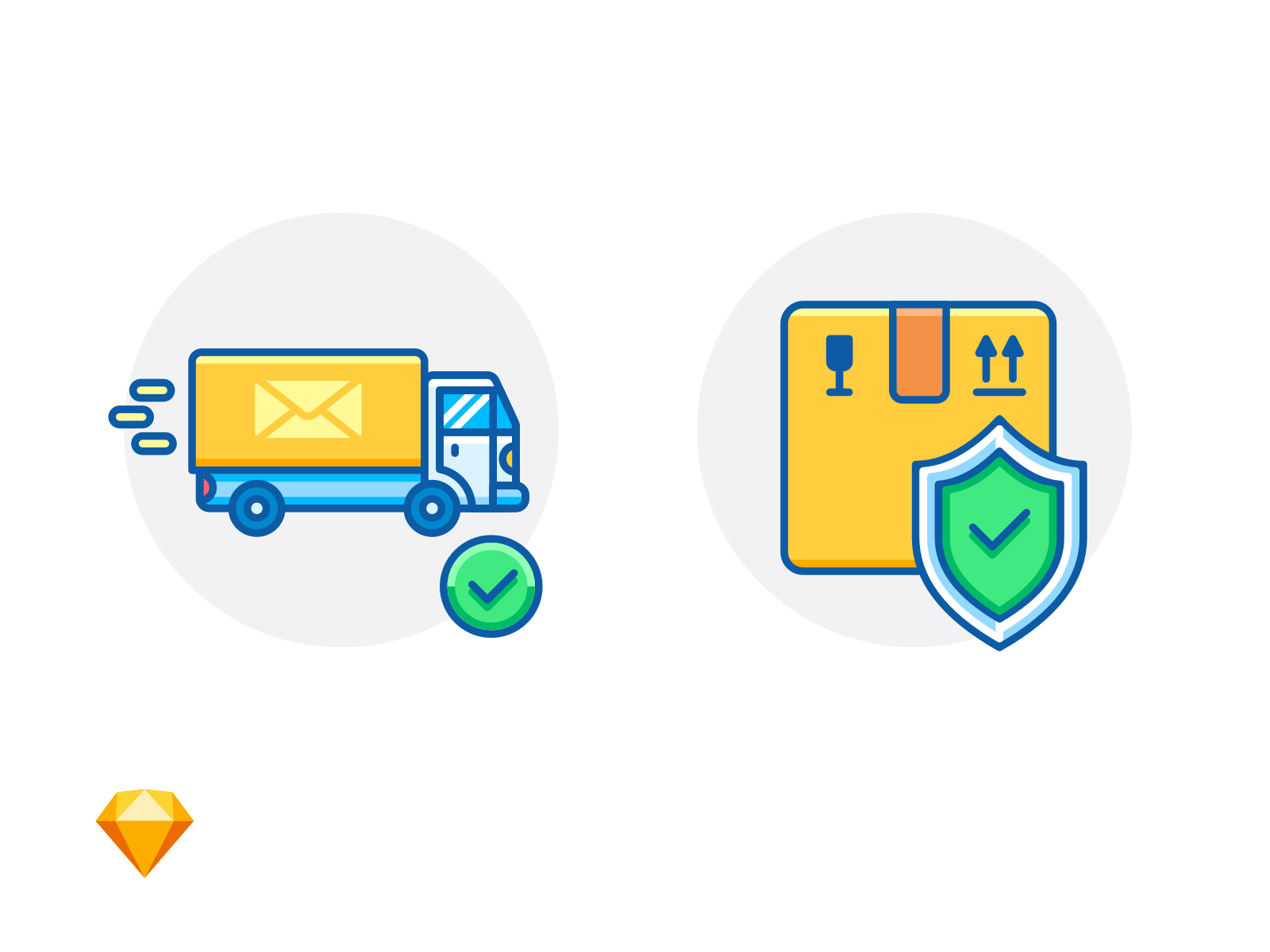 ON THE WAY & PACKAGE INSURANCE box check mark delivery truck e-commerce envelope fragile free freebie icon illustration shield sketch
