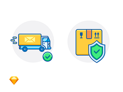 ON THE WAY & PACKAGE INSURANCE box check mark delivery truck e commerce envelope fragile free freebie icon illustration shield sketch