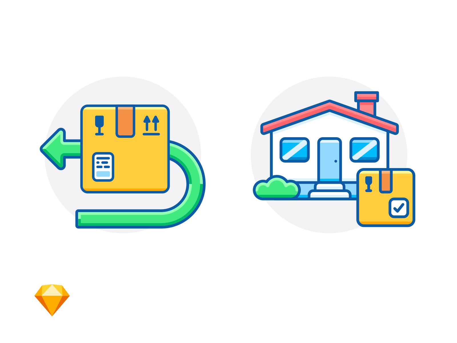 RETURN & DELIVERED arrow box delivery e-commerce fragile free freebie house icon illustration online shopping package sketch