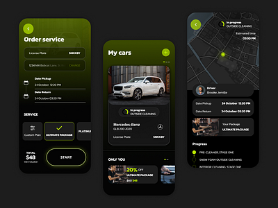 Car wash Delivery - UI Design application booking car wash dark theme driver location map ui design