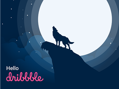 Hello Dribbble!! cloud debut first hello illustration illustrator moon stars wolf