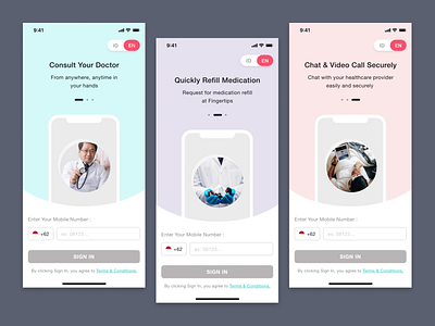 Healthcare App - Walk Through chat design healthcare ios app login medical medication mobile app design mobile number onboarding signup slider startup ui ux video walk through