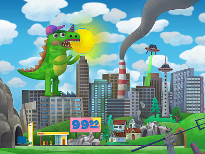 The City WIP (detail) city dinosaur house illustration skyscraper smoke tower tv ufo