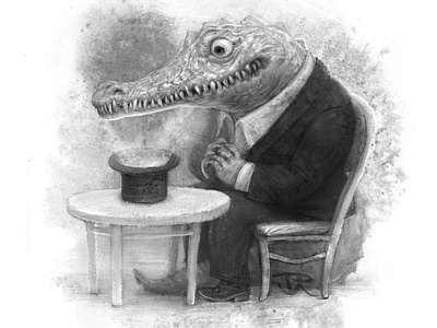 Croc and a Top Hat bw character drawing illustration texture vintage