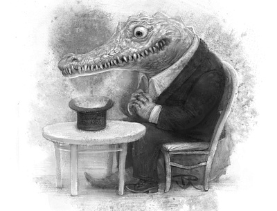Croc and a Top Hat bw character drawing illustration texture vintage