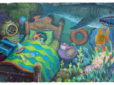 Wet Dream childrens book illustration mixed media picturebook seaworld shark surreal texture water watercolor