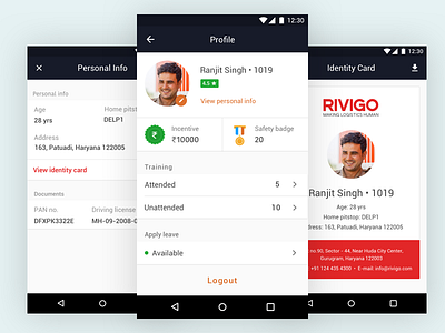 Profile screen for Rivigo truck drivers android app clean identity incentives material profile rivigo safety badges ui ux