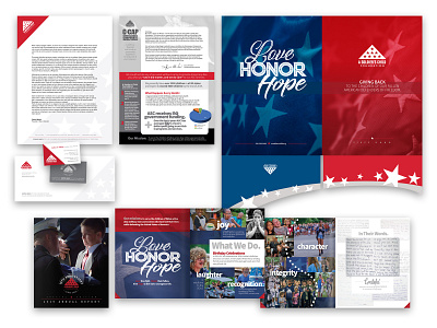 A Soldier's Child Foundation rebranding - part 1 annual report business card business materials envelope flyer folder letterhead non profit non profit organization nonprofit patriotic pocket folder promotional material sellsheet