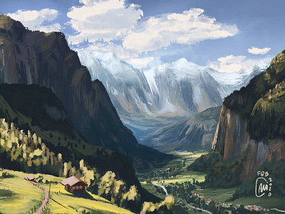 Switzerland background hills illustration landscape mountain village