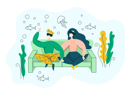 Virtual reality character couple design flat glasses home illustration ocean people vector virtual reality vr woman