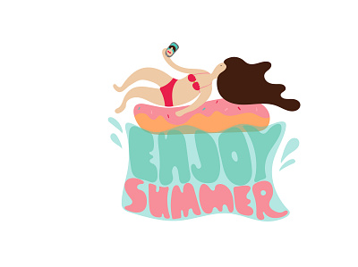 Enjoy Summer character design donut flat girl illustration lettering people sea selfie summer swimsuit vector woman