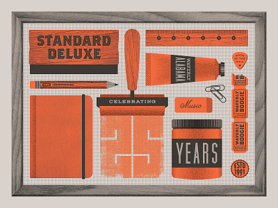 Standard Deluxe Turns 25 25 bottle cap guitar pick notebook paint pencil poster roller ruler screen print squeegee standard deluxe