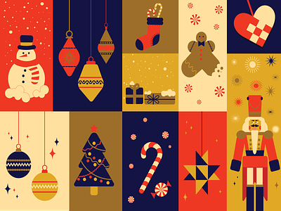 Cosy Days candy cane christmas christmas decorations christmas design christmas illustration christmas ornaments christmas presents christmas tree colorful design design fireworks flat design gingerbread man heart decoration illustration nutcracker snow snowman winter winter illustration