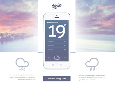 Celsius application appstore celsius clouds icon ios ipad iphone landing mountain page sunny weather webdesign widget
