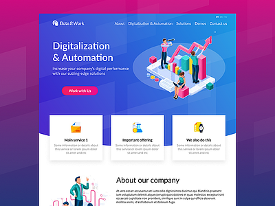 Bots2Work web site automatic automation bot bots2work branding design digitalization front home illustration main page purple robot site typography web work