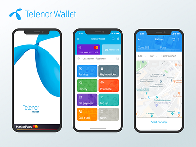 Telenor Wallet app bank car card design feature ios iphone menu mobile money parking pay paying payment provider splash ui wallet