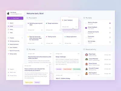 Note-taking app dashboard design dashboard desktop folder gradient notes pastel colours projects research task management text editor user activity