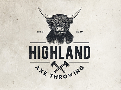 Highland Axe Throwing Logo axe axe throwing classic cow design drawing highland illustration logo logo design scotland vector vintage