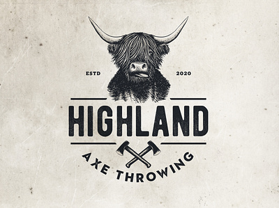 Highland Axe Throwing Logo axe axe throwing classic cow design drawing highland illustration logo logo design scotland vector vintage