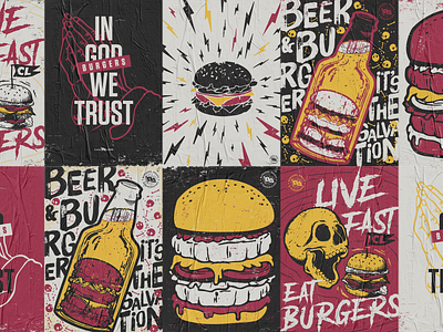 Live fast, eat burgers! art beer beer art bottle burger burger menu design fast food fastfood food food and drink illustration poster poster design religion skull