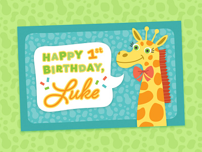 1st Birthday Card baby birthday bow tie confetti design giraffe graphic design happy birthday illustration lettering pattern spots typography