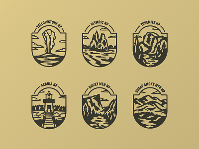 Thor Industries National Park Badges acadia badge element three great smoky mountain illustration national parks olympic rocky mountain yellowstone yosemite