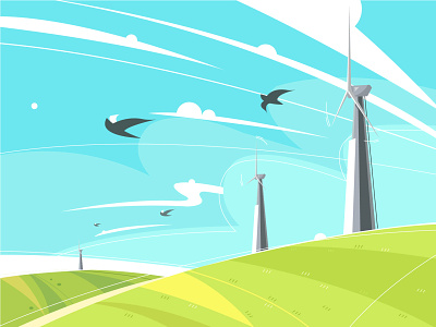 Grassland ai bird blue sky design grassland illustration sky vector windmill