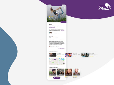 Teacher's profile page - Mat yoga app about app design design ios app design map mobile product profile profile page recommendation review ui user experience ux yoga yoga app yoga logo