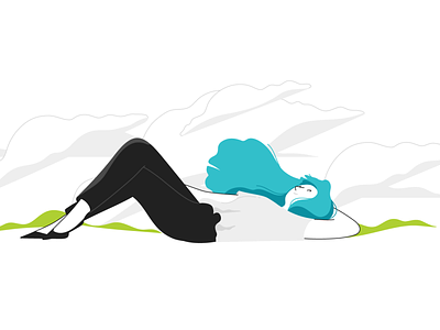 Relaxed alone clouds field flat girl green illustration lineart mental health minimalistic relax sky vector