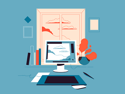 Workplace flat illustration illustrator lineart minimalistic place vector window work workplace