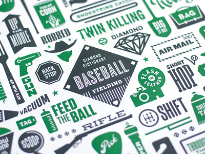 Diamond Dictionary of Fielding baseball diamond dictionary fielding green gun illustration letterpress slang sports typography vector